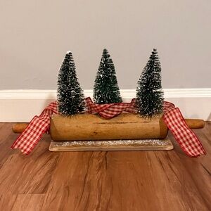 Rustic Holiday Vintage Rolling Pin with Green Christmas Bottle Trees and Ribbon